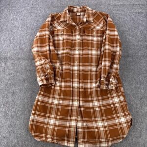 Duluth Trading Co Shirt Dress Womens Large Brown Plaid Flannel Long Sleeve